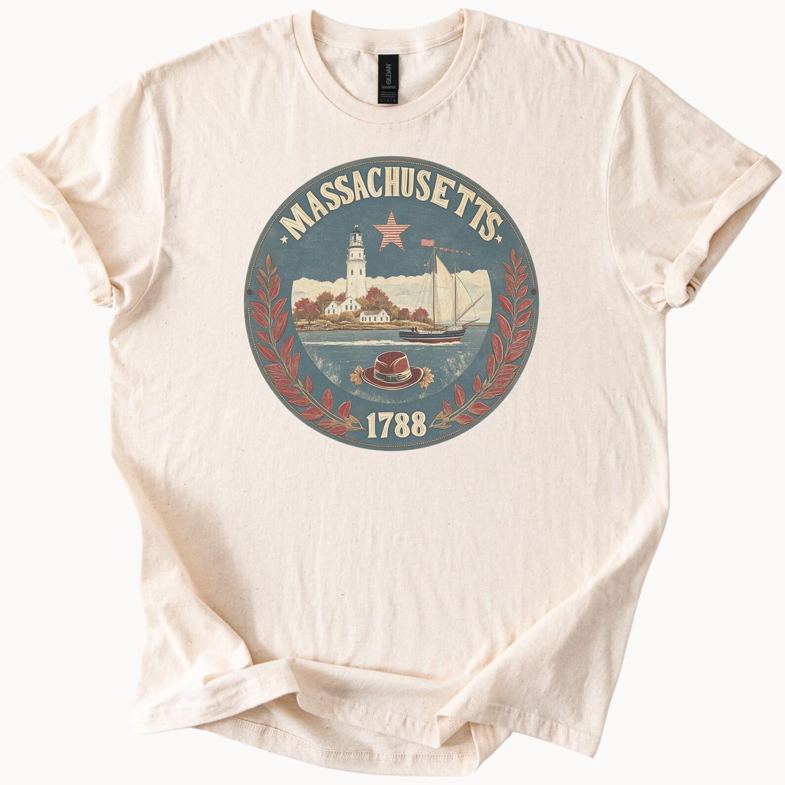 Massachusetts 1788 State Graphic T Shirt Lighthouse Harbor Sailboat Ocean Scene Nautical New England Graphic Tee Massachusetts Apparel Gift 160