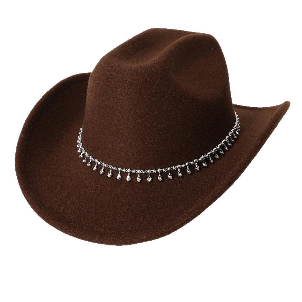 Women's Unisex Western Cowboy Hat with 3D Round Gems, Rhinestones, Rivets, and Chain Decorations, Wedding Party Hat