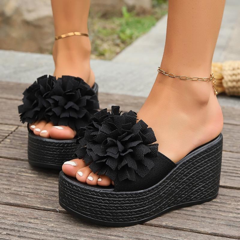 Small Foreign Trade Flowers One-word Women Wear Large Size European and American Muffin Shoes Thick-soled Slope Heel Cool Slippers Summer
