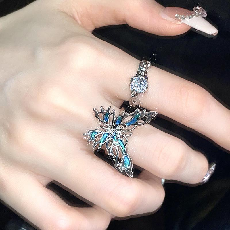 French Blue Butterfly Ring Women'S Opening Adjustable Trendy Cool Personality Niche Design High-End Ring