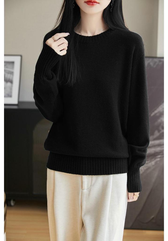 Women's 2024 Loose Fit Pure Wool Round Neck Sweater for Autumn/Winter