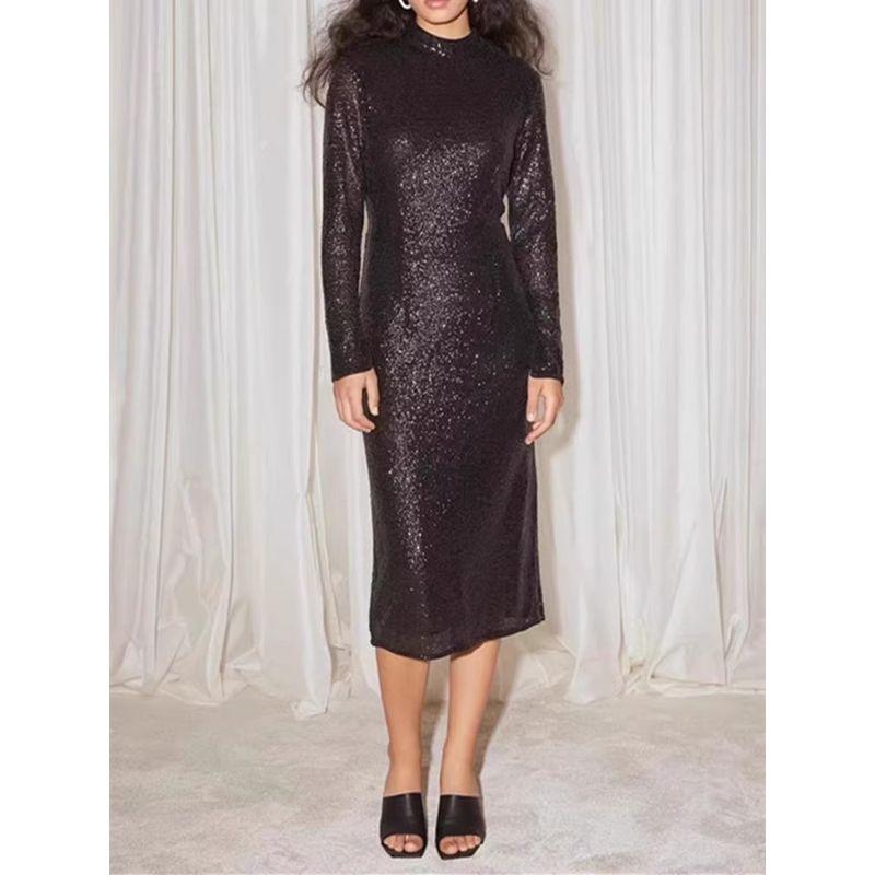 

Export Single H Home Stand Collar Fashion Elegant Stage Glitter Silm Slim Looking Heavy Industry Autumn New Arrival Dress Black XL(42)