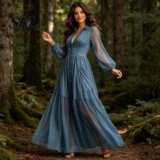 Beach Dress Women Faux Denim Maxi Dress, Mesh Patchwork Long Sleeve Button Simple Style Down Shirt Casual Loose Vintage Summer