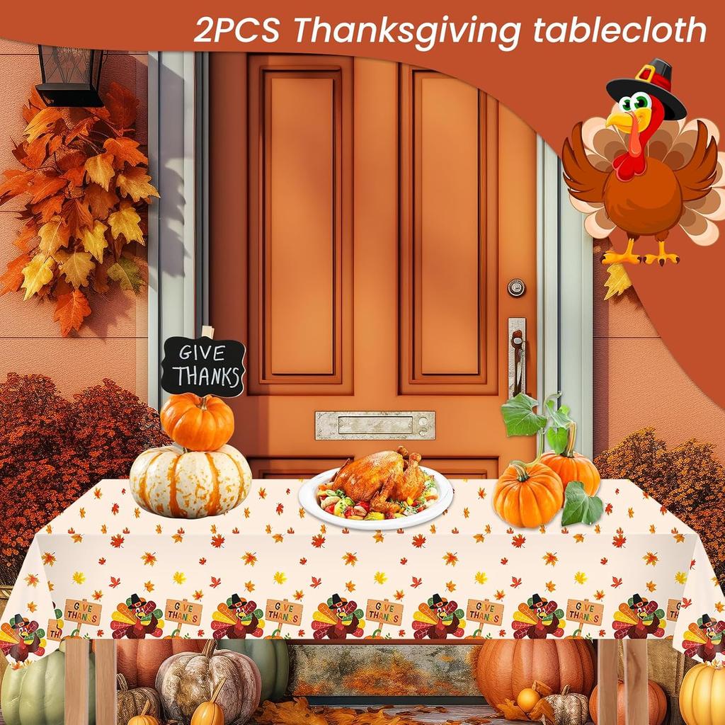 2PCS Thanksgiving Turkey Tablecloth Set, Disposable Plastic Rectangle Table Cover for Holiday Dining Decor, Festive Autumn Leaves Fall Theme, 54" X