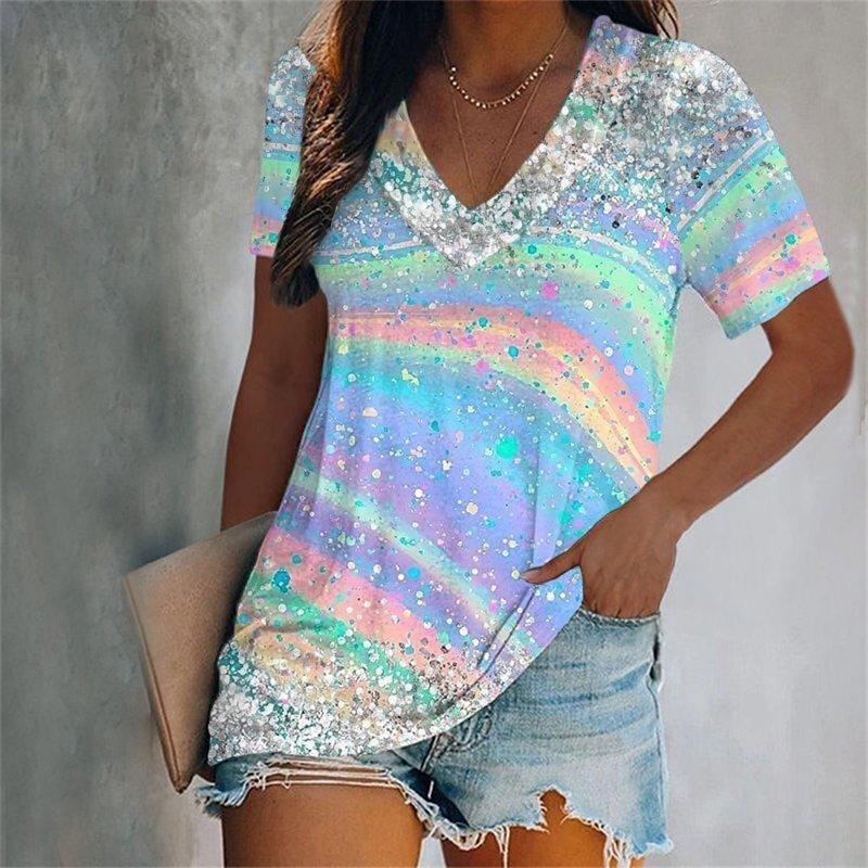 Colorful Tassels Print T-Shirt Fashion Women's Short Sleeve V-Neck T-Shirt 2024 Summer Casual Elegant Women's Large Size T-Shirt