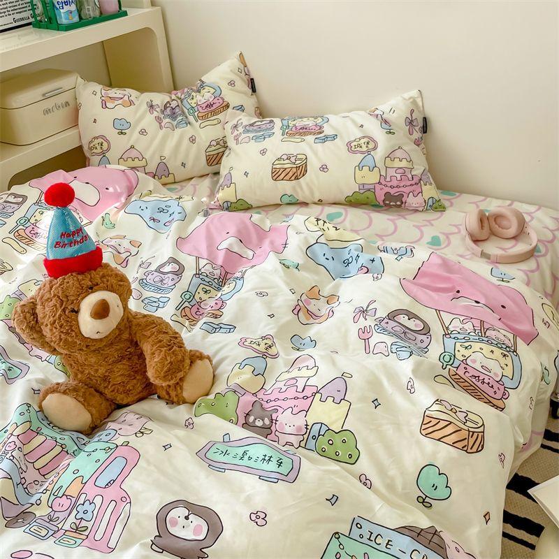 

Cute Bear Bedding Set No Filler Ins Korean Style Duvet Cover Pillowcase New Single Full Size Kids Adult Soft Bed Linen Flat Bed Sheet&Twin 3pcs for 1m bed