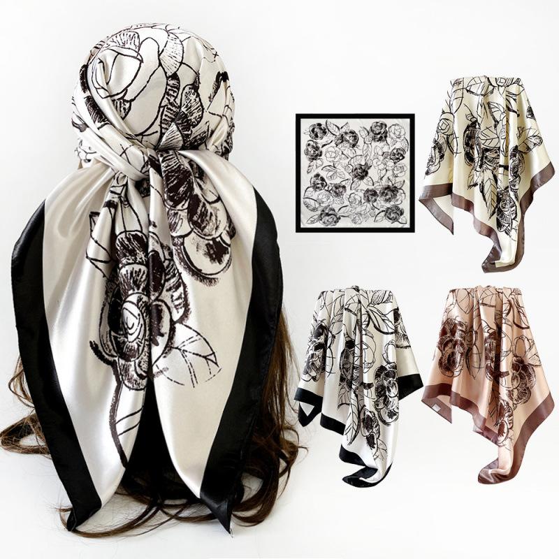 90cm Rayon Satin Scarf – Camellia Print Headscarf: A Trendy, Versatile Shawl for Women