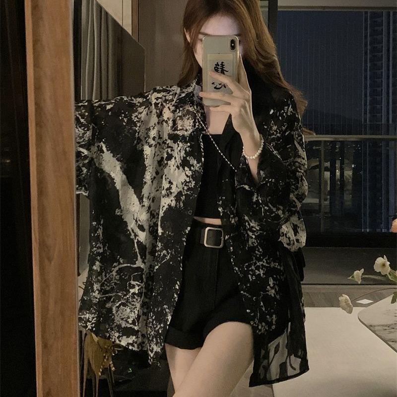 Summer Women's Long Sleeve Shirts Loose Tie Dye Gothic Streetwear All-match Casual Tops Students Blouses Vintage Spring