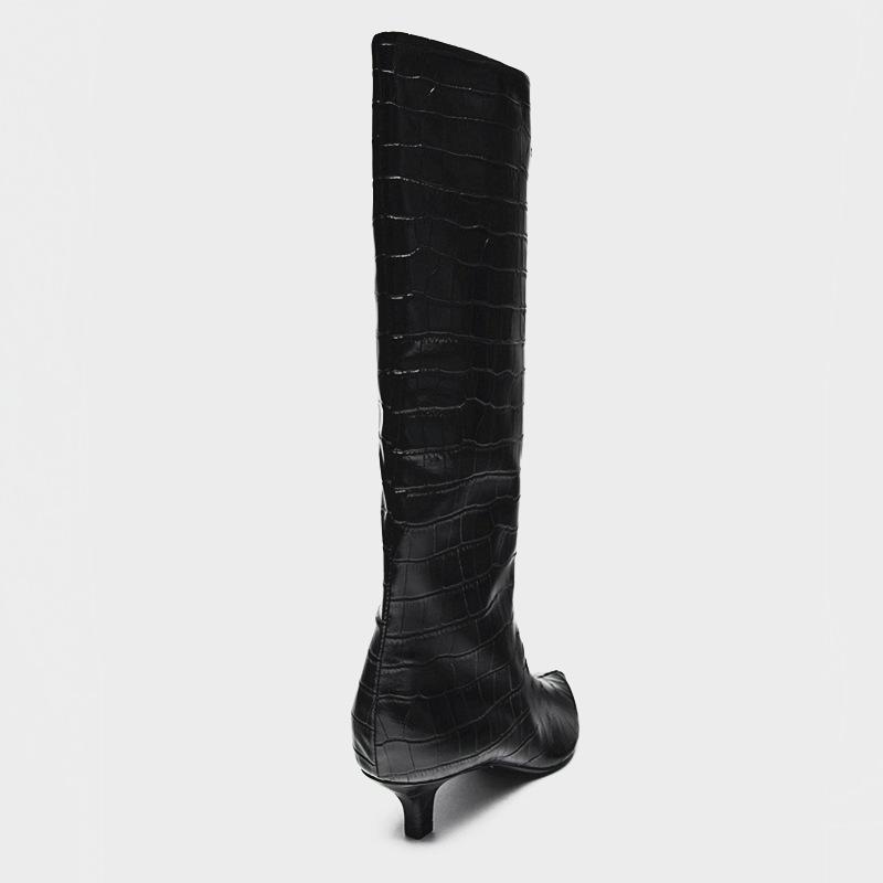 Women's Black Crocodile Embossed Knee High Boots Pointed Toe Kitten Heel Patent Leather Finish Stylish Party Daily Wear Footwear
