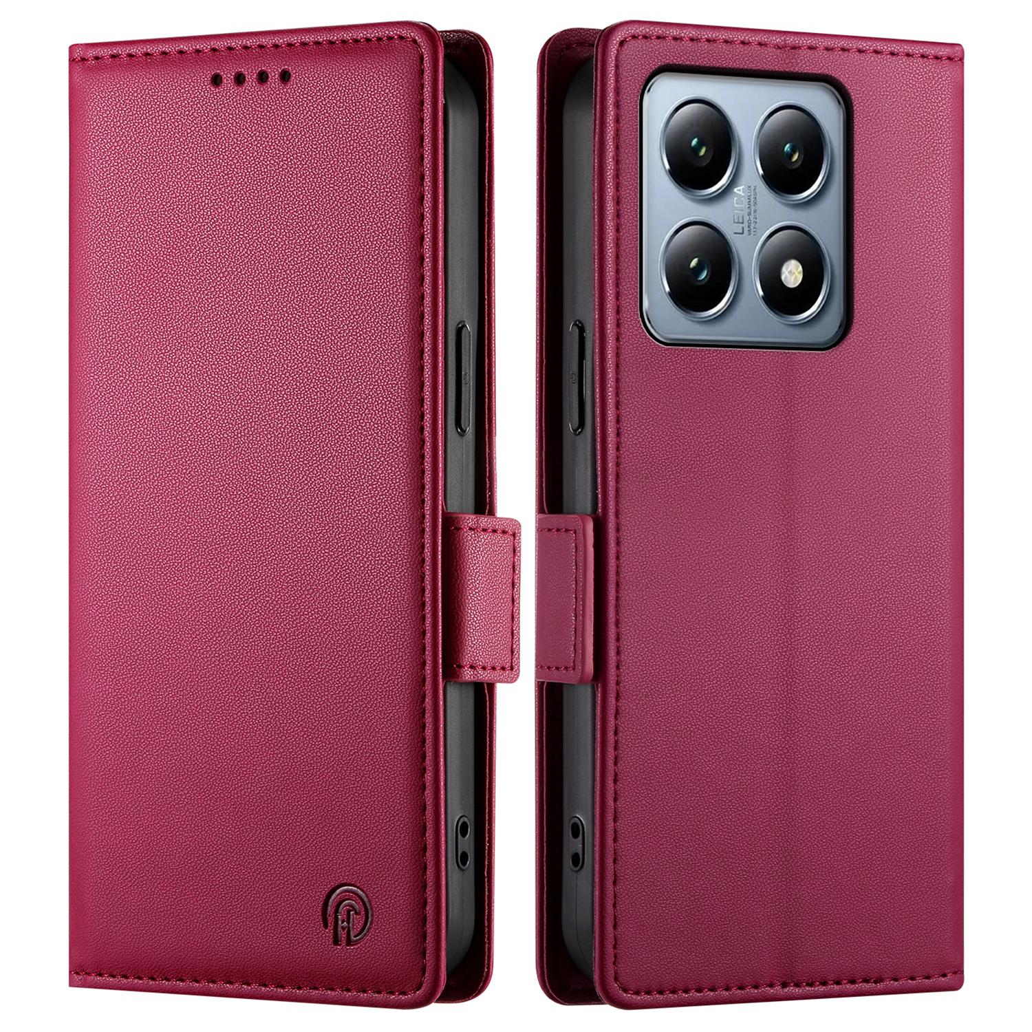 

DF-010 For Xiaomi 14T Pro Stand Case PU Leather Wallet Phone Cover Wine Red