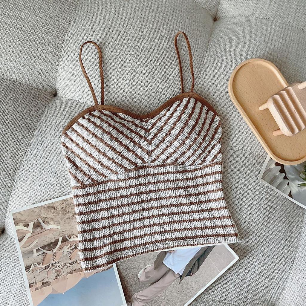 Korean Version of Slim Contrasting Striped Strap Inner Sporty Back and Slim Base Design with Chest Pad Top