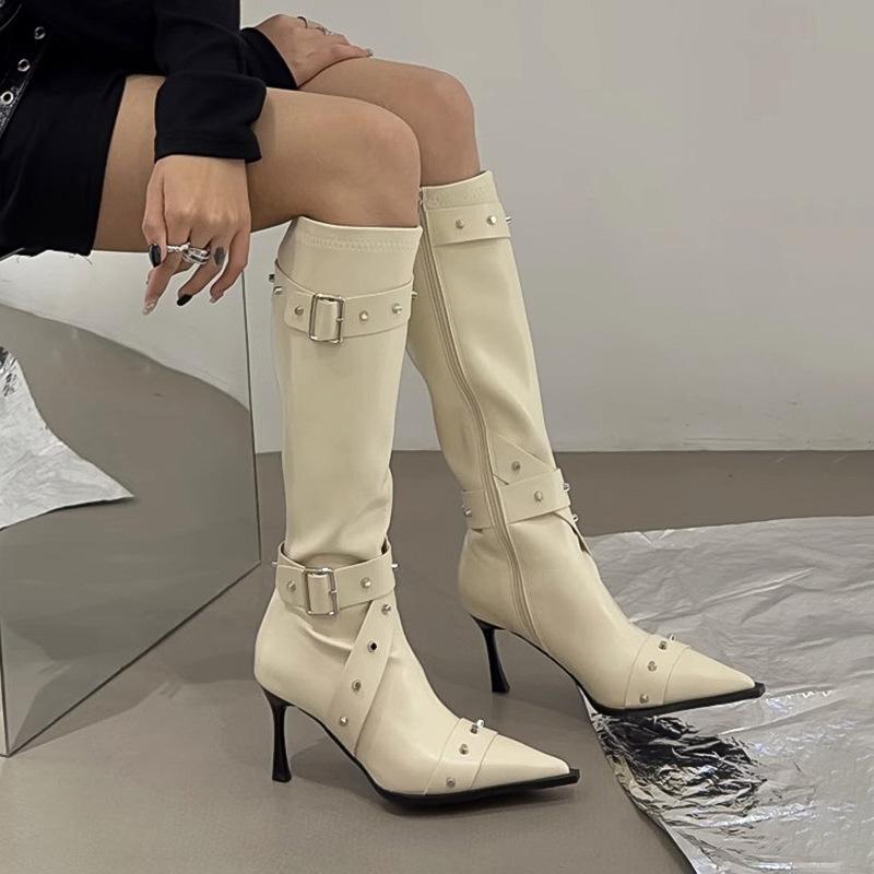 2025 Autumn and Winter New Rivet Belt Buckle High Boots Women's Shoes Pointed Fashion Thin High Heel Elastic Thin Boots Long Boots