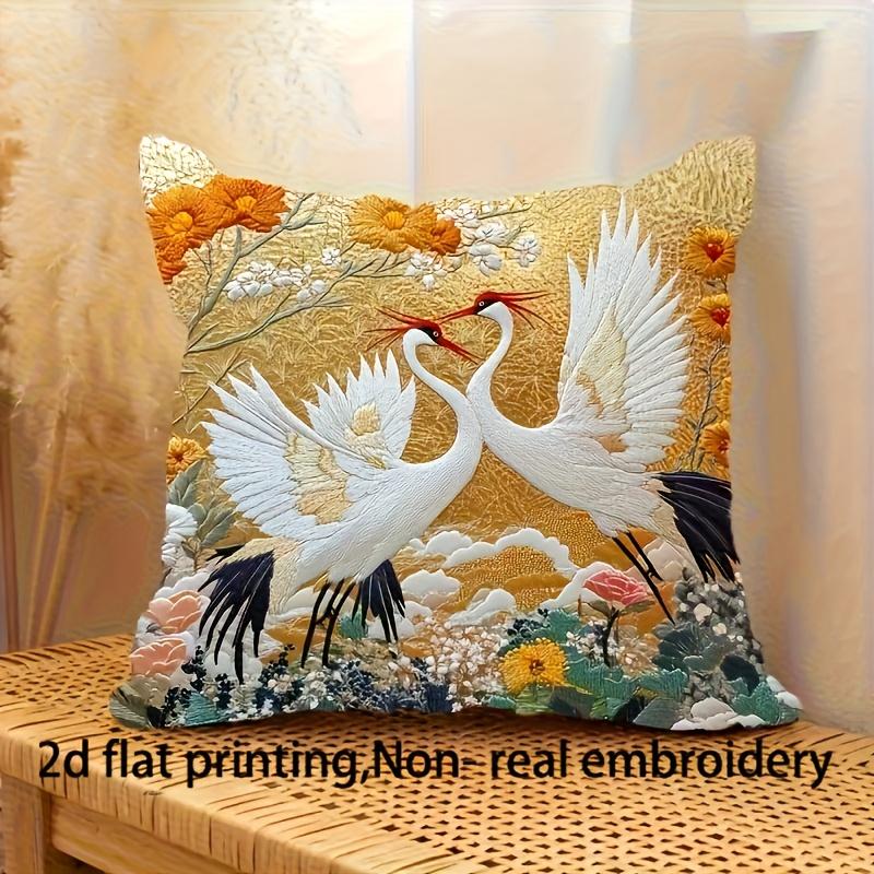 Golden Red-Crowned Crane Pillow Cover 2D Faux Embroidery Print Cushion Case Oriental Floral Home Decor Gift