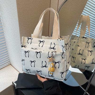 Portable Canvas Lunch Bag with Handle Bow Print Tote Bag Lightweight Hobo Bag for Women Work School Lunch  Dinner Box Accessory