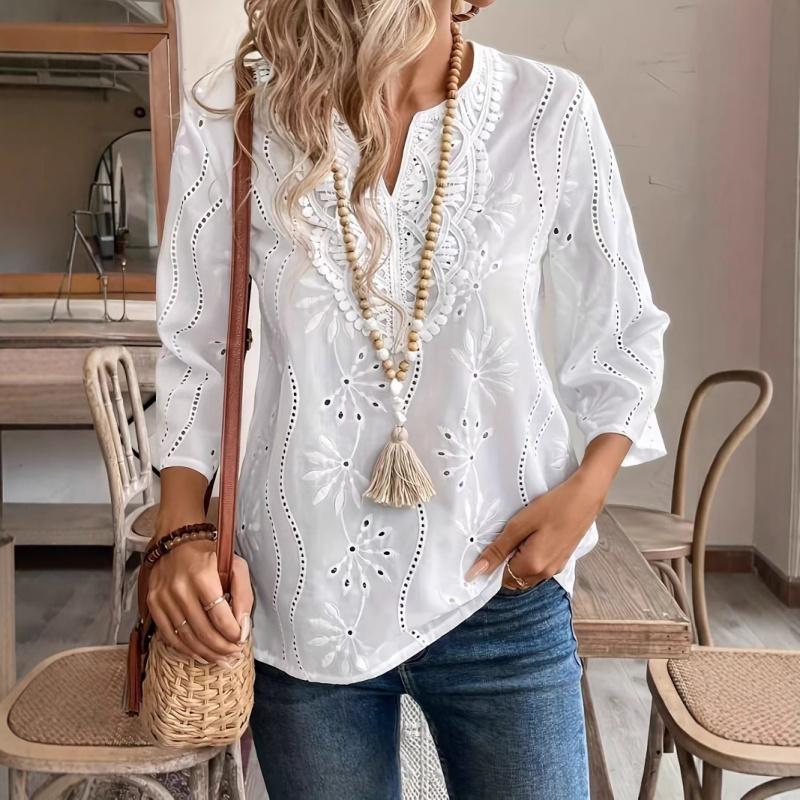 2026 Spring/Summer New Women's Loose V-neck Lace Embroidered Shirt White Top