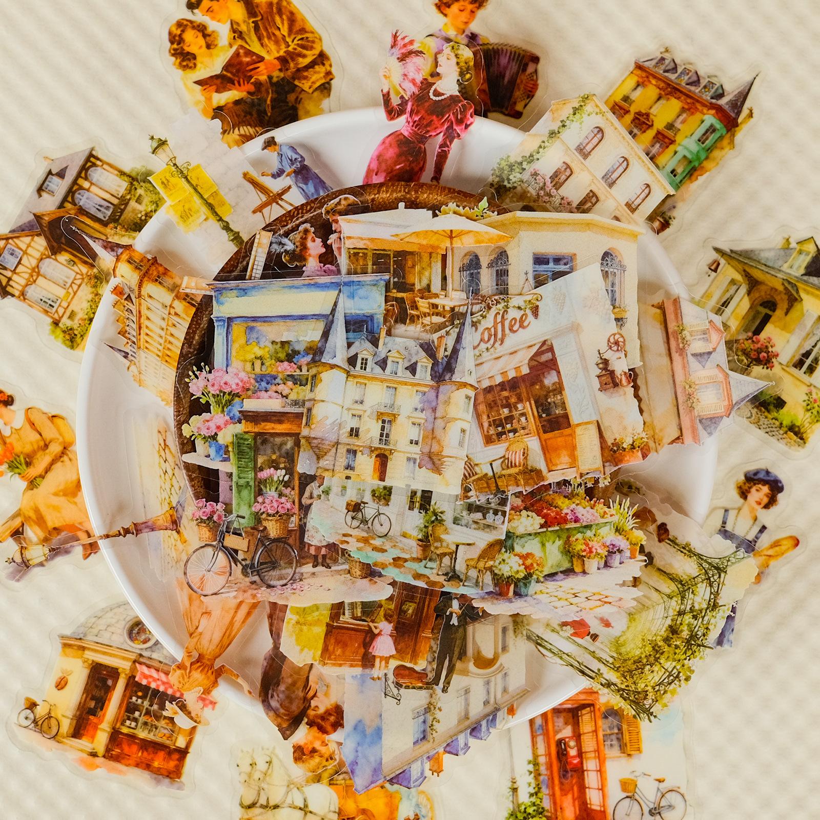 56 French Retro Street View Stickers Pet Transparent Material Watercolor Style European Architectural Characters Decorative Stickers