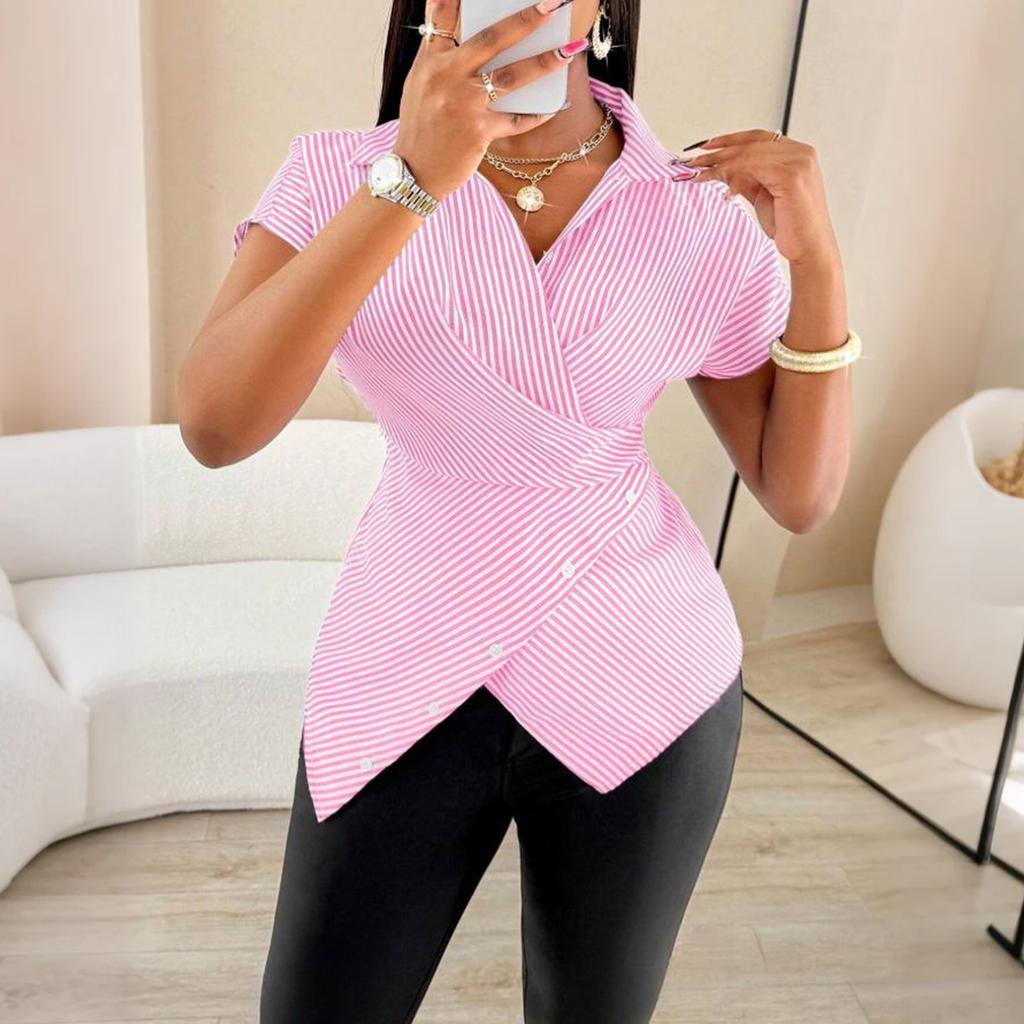 Women's Casual, Stylish, And Versatile Striped Short-sleeved Shirt