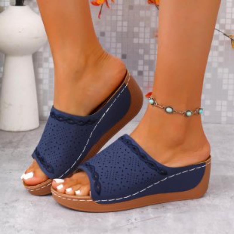 New large size round head retro solid color sandals hollow sewn wedge large size women's shoes