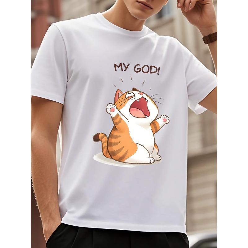

Мужская милая футболка с принтом котенка, короткий рукав - Летняя повседневная футболка с круглым вырезом, подходит для любителей кошек - Машинная стирка, удобная повседневная одежда S белый