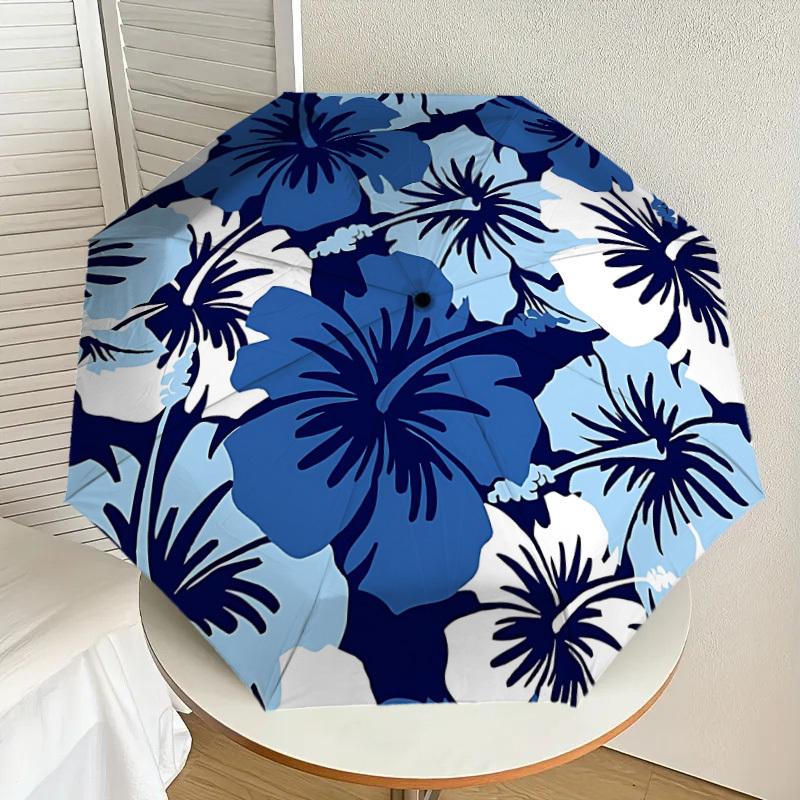 1pc Blue Floral Print Automatic Folding Umbrella, Portable Collapsible Design, 8-Rib Iron Frame, Outdoor Accessory Yy250905093