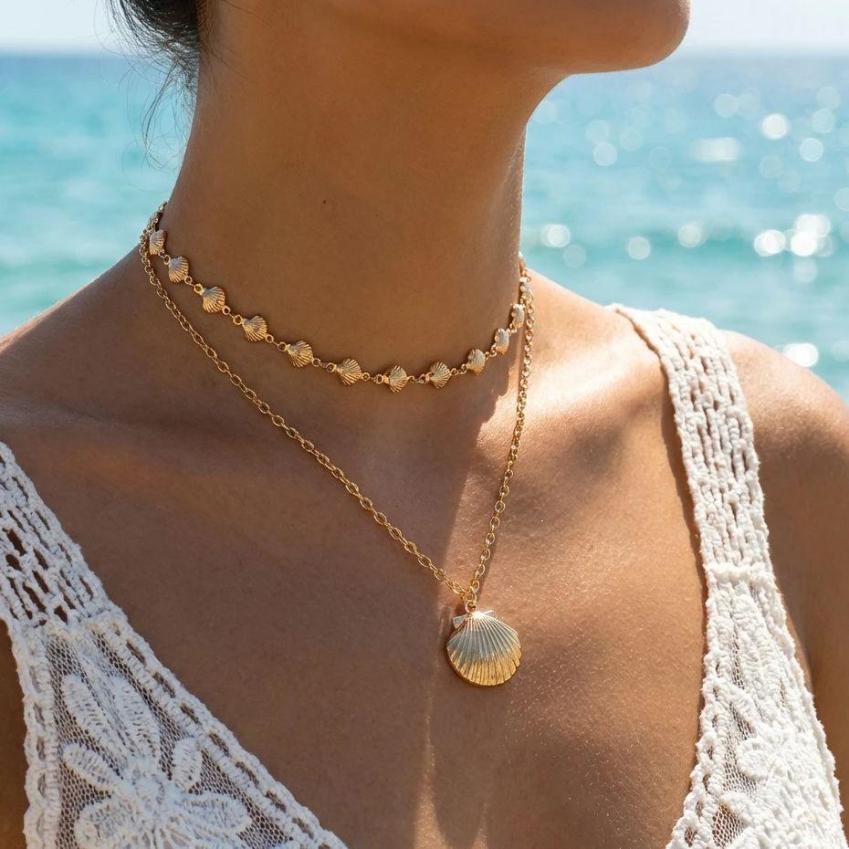 Classic Gold Color Metal Shell Beaded Necklace for Women Bohemia Double Layer Scallop Pendant Choker Summer Beach Jewelry Gift