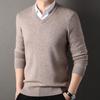 Fall Winter Men Sweater V Neck Knitted Solid Color Elastic Stretchy Pullover