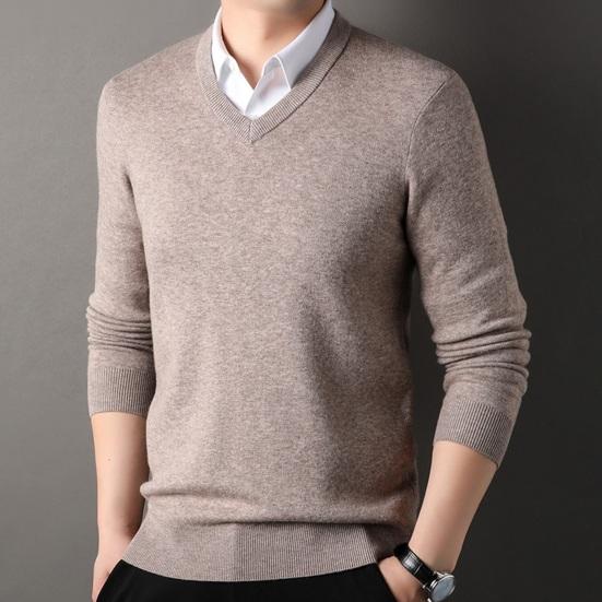 Fall Winter Men Sweater V Neck Knitted Solid Color Elastic Stretchy Pullover