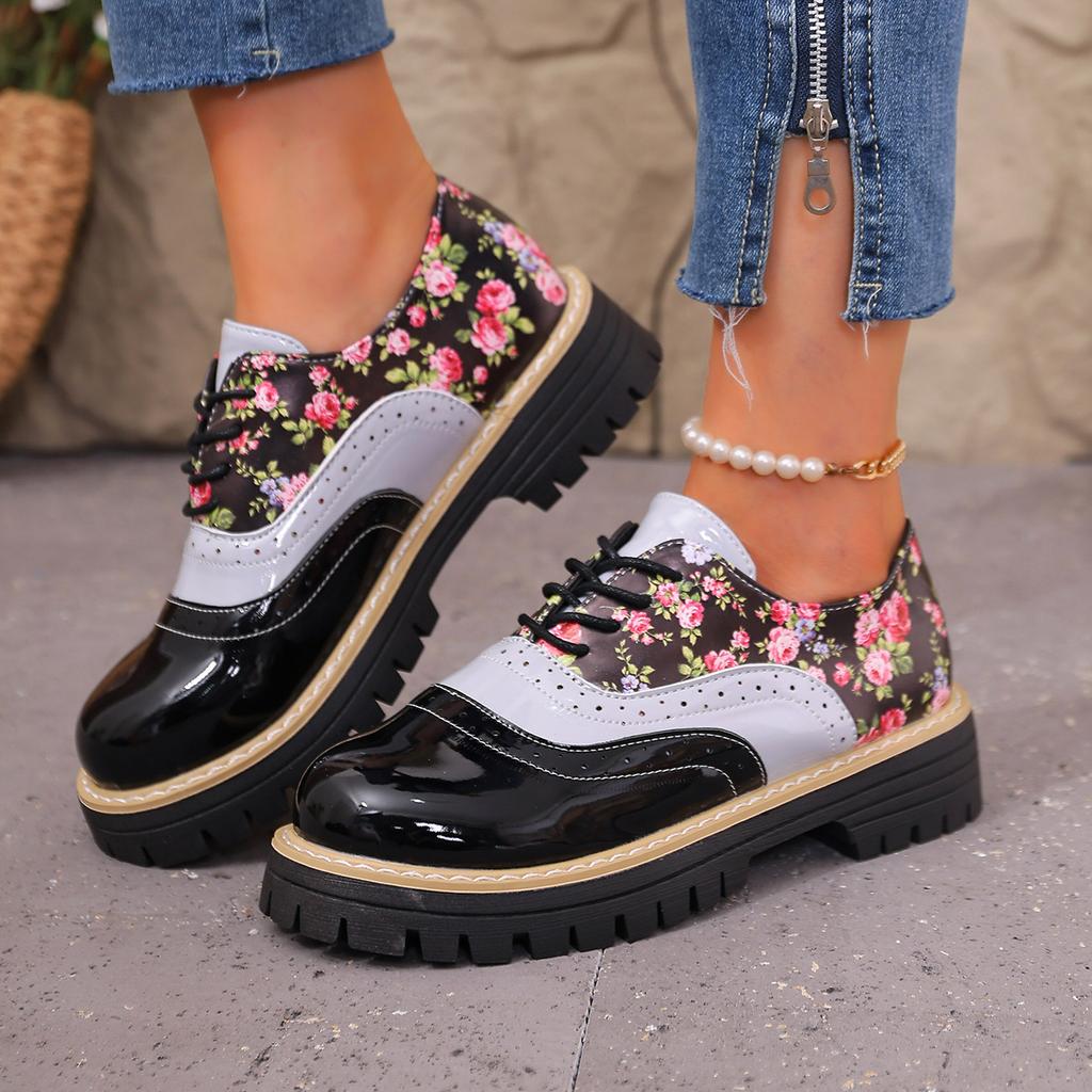 Autumn Printed Low-top Shoes 2025 New Plus-size Lace-up British Style Muffin Small Leather Shoes for Women