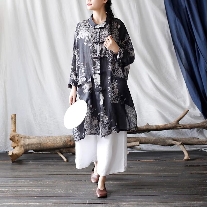 Women's Ethnic Print Retro Stand Collar Midi Shirt with Frog Button, Sun Protection, Loose Fit, Plus Size Outerwear.