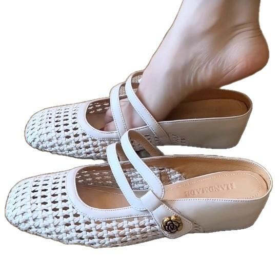Platform Slippers Low Heel Thick Heel Single Shoes French Woven Hollow Mary Jane Shoes Women's Summer Retro Hole Sandals Women