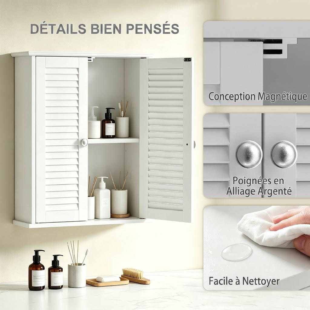 Bathroom Wall Cabinet, Hanging Storage Unit, 2 Louvered Doors, Adjustable Shelf, White