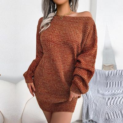 Frauen Herbst Winter Casual Eine Linie Hals Weg Von Der Schulter Bunte Laterne Hülse Gestrickte Pullover Kleid SL