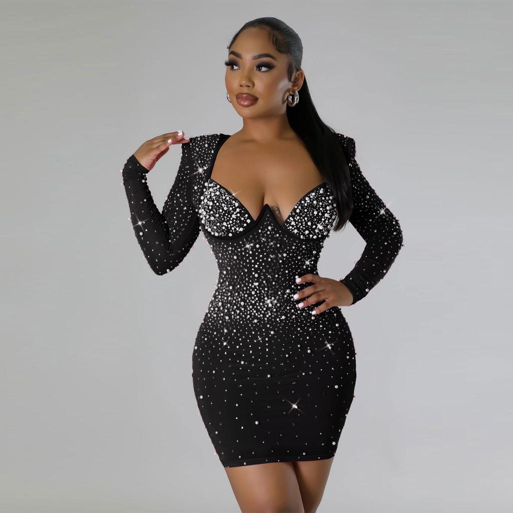Rochie elegantă, slim fit, cu mânecă lungă și imprimeu de diamante K2926