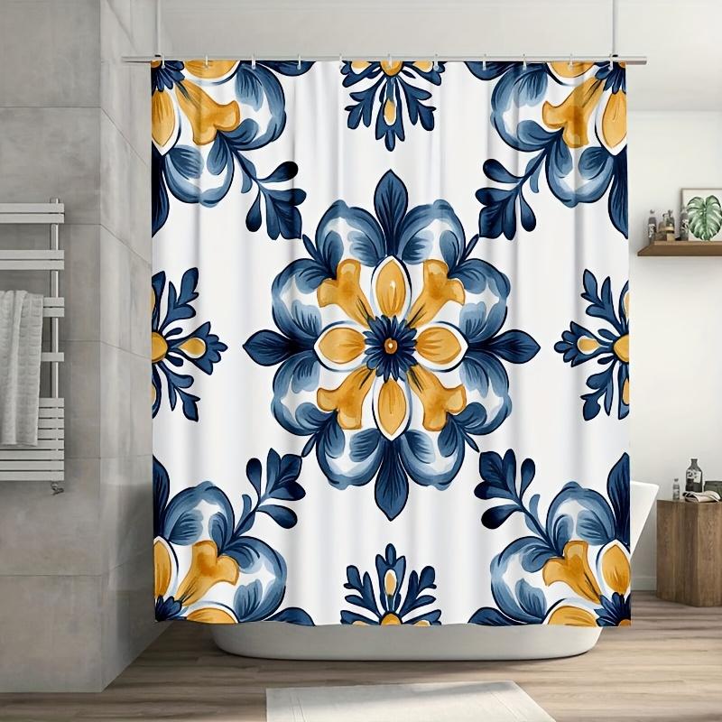 Blue Mustard Yellow Flat Pattern Shower Curtain 70.8"x70.8", Durable Polyester, Easy Clean, for Bathroom/Bathtub/Window Decor