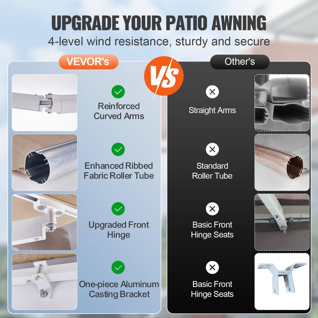 Manual Retractable Awning, 13 x 8 ft Outdoor Patio Awning Retractable Sun Shade, Water-Resistant Polyester Patio Door Window Awning Sunshade Shelter