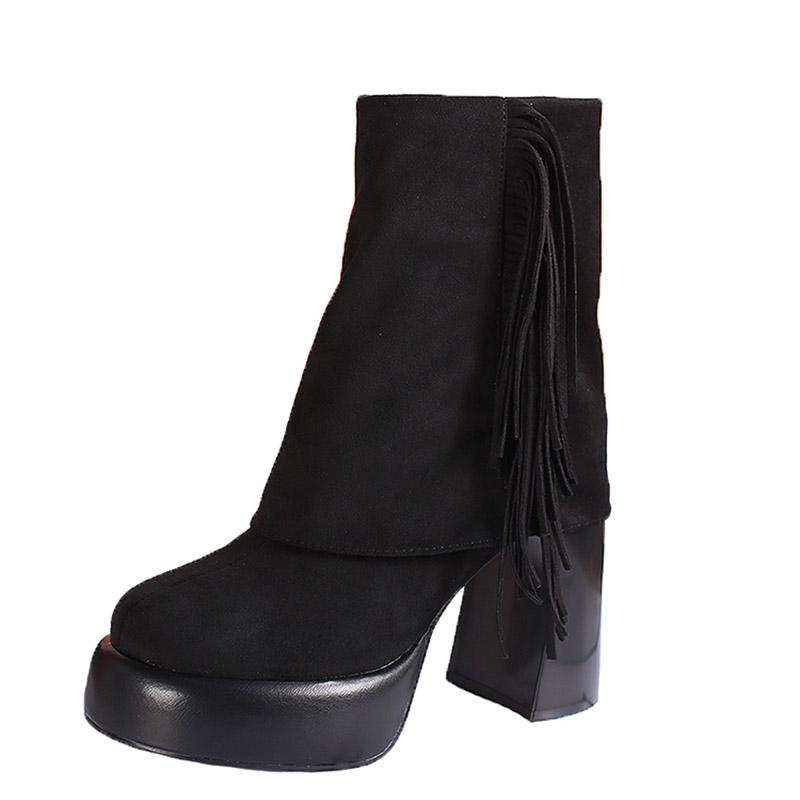 fashion Vintage Tassels Women Ankle Boots Fashion Platform Short Booties Autumn Winter Laides Concise Thick Heel Stripper Shoes
