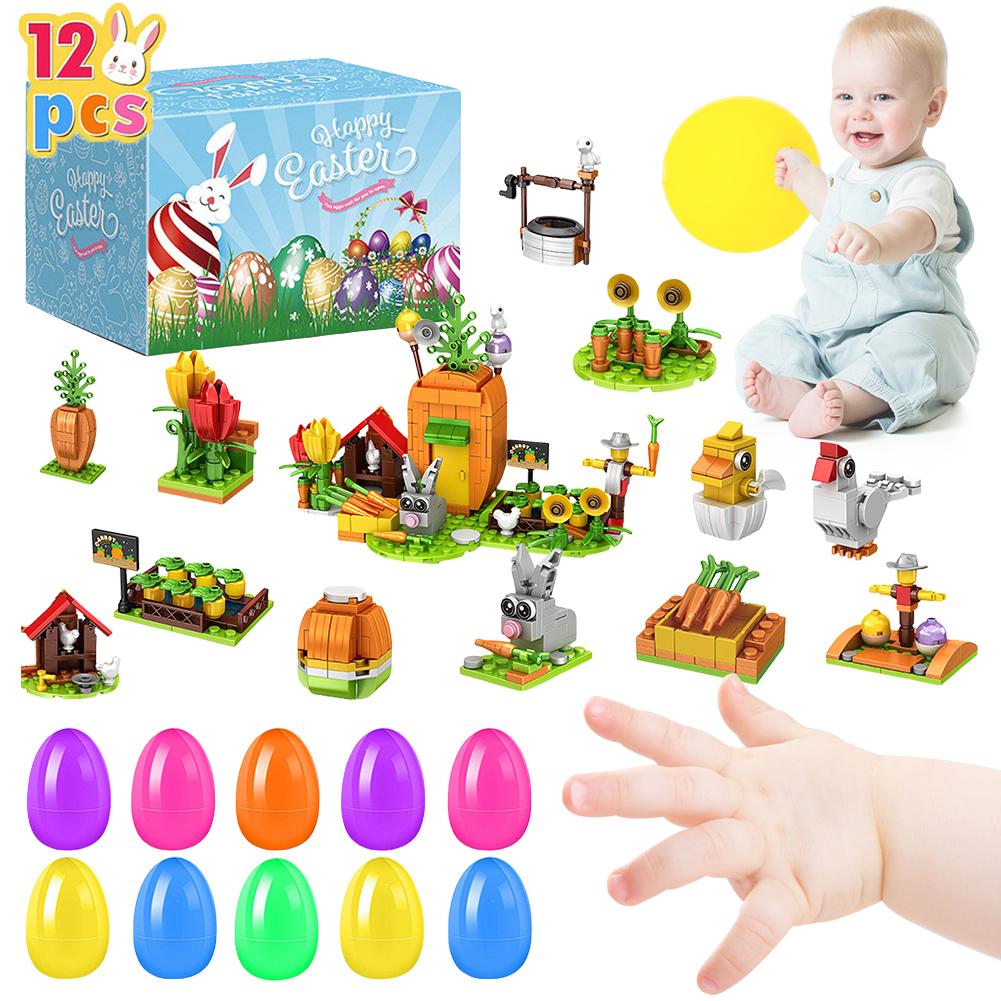 12Pcs Prefilled Easter Eggs Easter Basket Stuffers Colorful Easter Egg Filler with Building Blocks for Boy Girls Easter Egg Gift