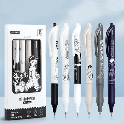 6-teiliges Gelschreiber-Set „Simple Life“, Cartoon-Design, weicher Griff, 0,5 mm Kugelschreiber, schwarze Farbtinte zum Schreiben