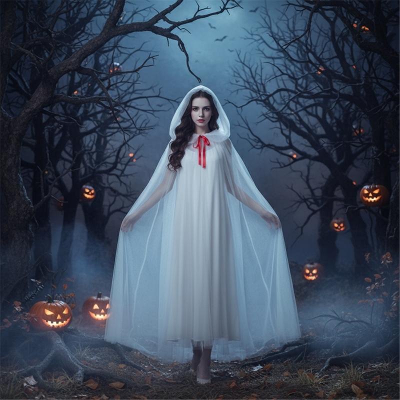 Elegant Transparent Witch Costume Cloak for Adults Teens Halloween Party Role Play Dressing Up
