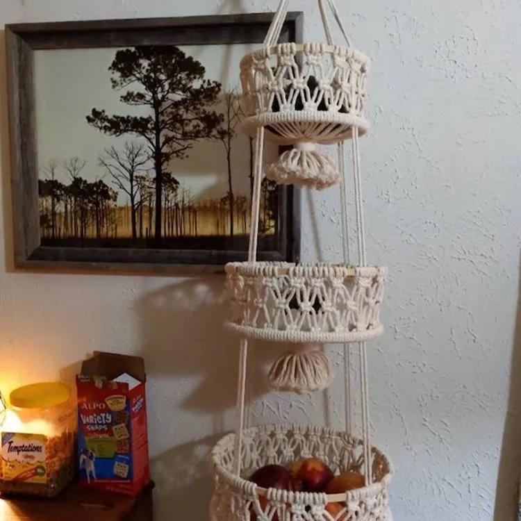 Handmade Wall Hanging Baskets Cotton Rope Weave Hollow Macrame Tassels Fruit Toy Net Organizers Flower Plant Holder Home Decor