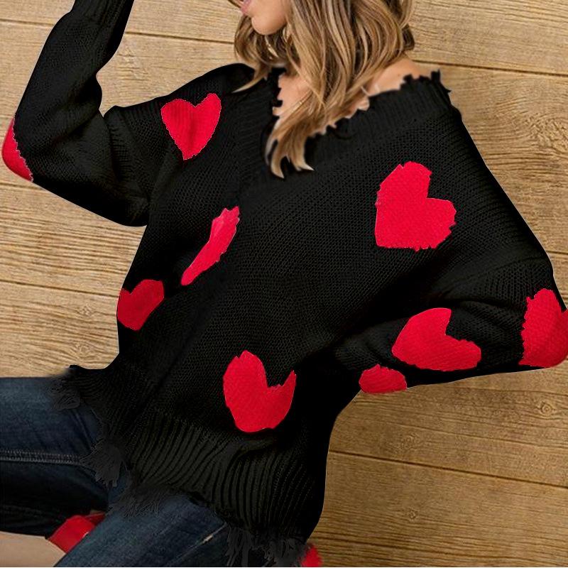 Women's Autumn and Winter Loose Pullover Love Patchwork V-neck Knit Sweater