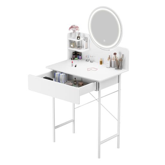 Makeup Vanity Desk with LED Lighted Mirror, Vanity Table with 1 Drawer and 2 Opening Shelves, Bedroom Dressing Table, 3 Modes Brightness Adjustable