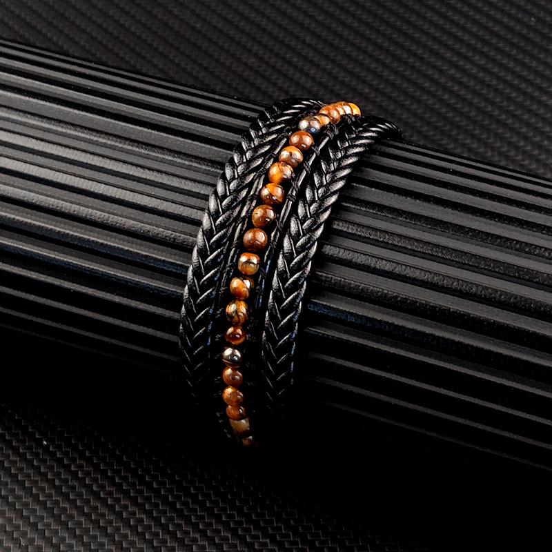 MingAo Punk Stainless Steel Beaded Custom Name Men Charm Bracelet Multi-layer Bangle Leather braid Magnet Clasp bracelet Jewelry