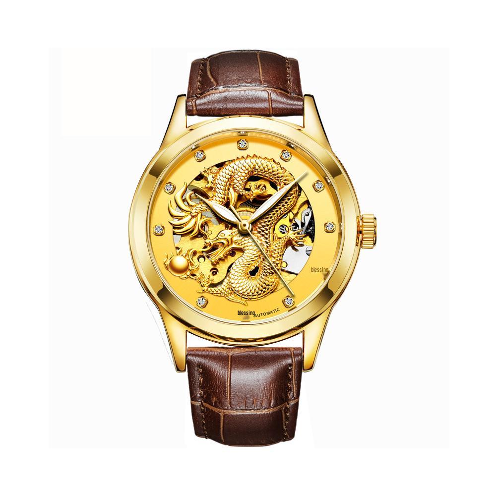 Modun Men's Gold Dragon Pattern Automatic Skeleton Watch with Genuine Leather Strap and Waterproof Multifunctionality