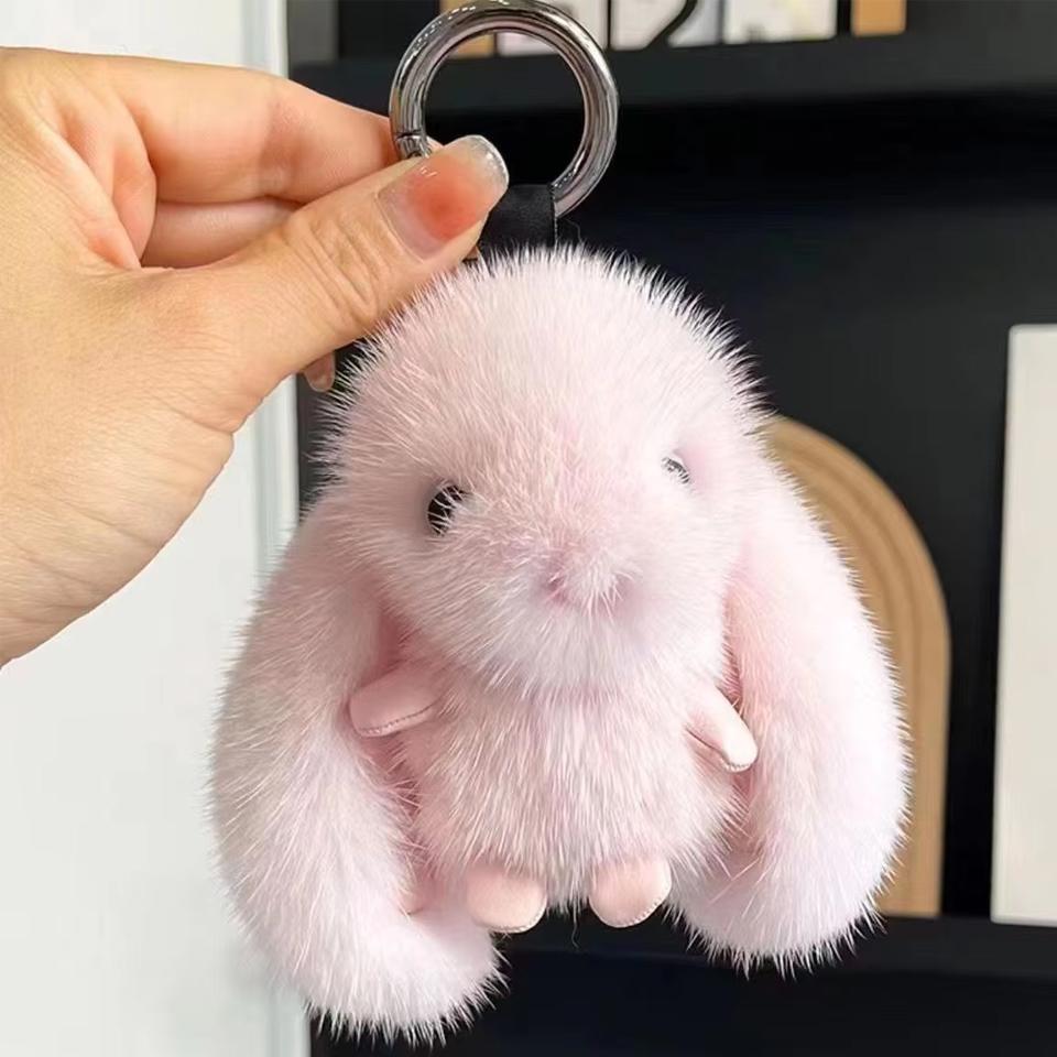 Cute Fluffy Rabbit Ring Plush Pompon Bunny Bag Pendant For Girls Car Jewelry Gifts Bag Charm
