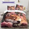 Shiba Inu and Rose Pattern Bedding Home Decoration Birthday Gift (1 * duvet cover + 2 * pillowcase, without core)