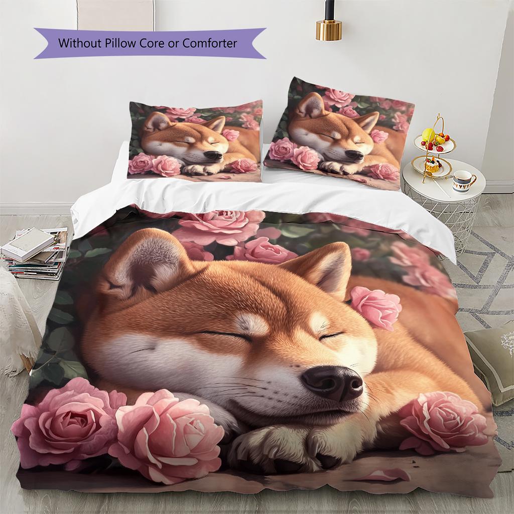 Shiba Inu and Rose Pattern Bedding Home Decoration Birthday Gift (1 * duvet cover + 2 * pillowcase, without core)