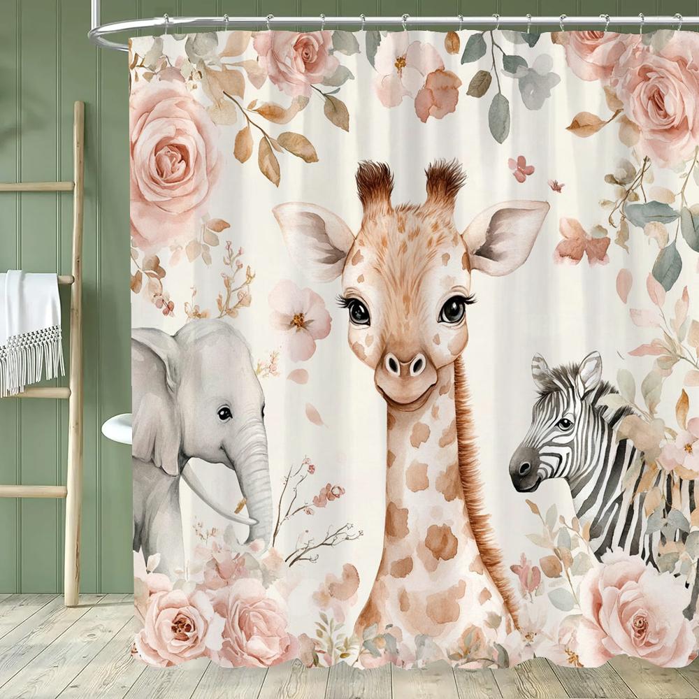 Cartoon Cat Shower Curtain, Plant leaves Bathroom Decorative Shower Curtain, Printed Fabric Home Curtain with Hooks