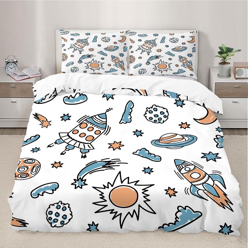 UFO Rocket Print Bedding Set Cartoon Theme Duvet Cover No Filler Soft and Comfortable Suitable for Children's Bedroom Decoration