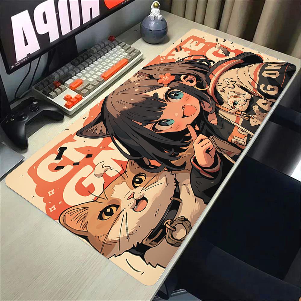 Girls and Cat Xxl Mouse Pad 900x400 Kawaii Anime Girl Deskmat Pc Gaming Accessories Computer Offices Non-slip Mousepad Keyboard